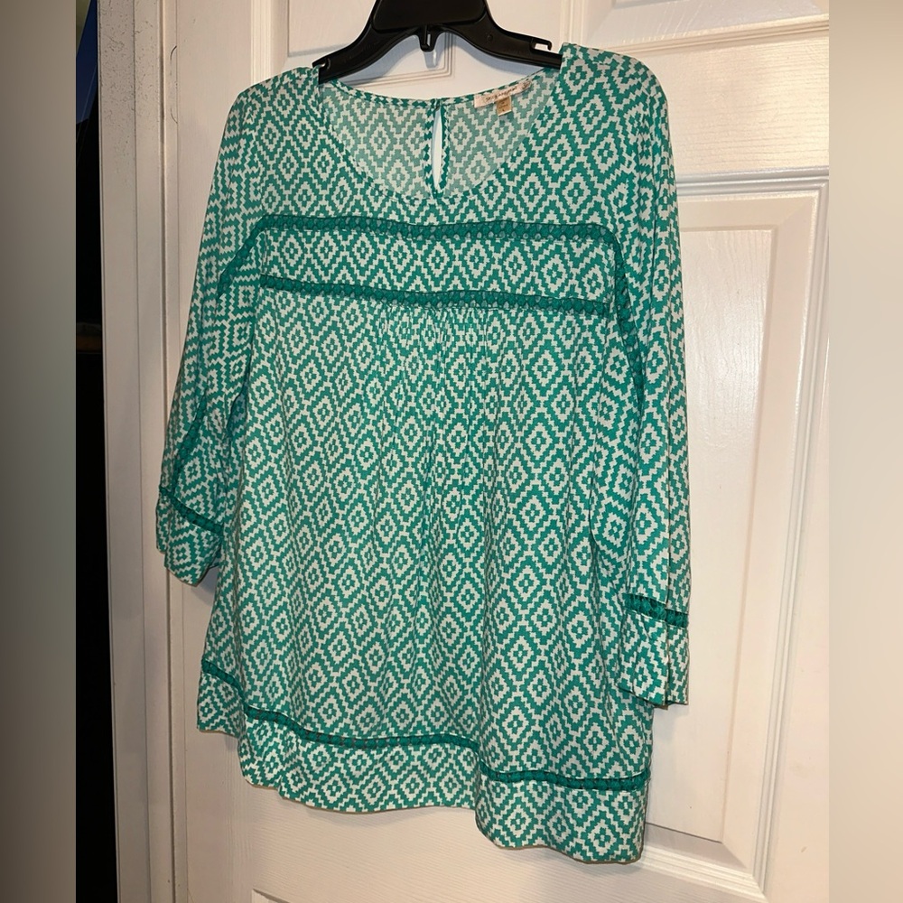 Skies Are Blue Sz L Womens Tunic Top Blue/Green(Teal) White 3/4 Sleeve Entredeux